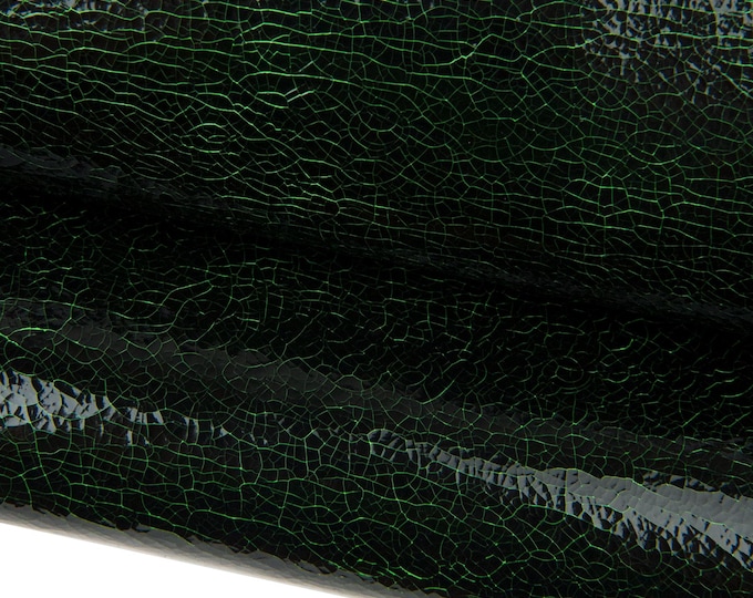 Black - green CRACKLED printed leather hide, sporty GLOSSY soft cowhide, vintage calfskin for diy projects B18040-ST La Garzarara