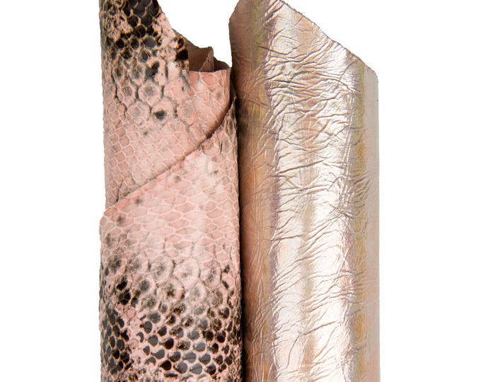 2 PINK big matching leather skins, as per picture: holographic metallic goatskin, python reptile printed skin for HOBBYISTS B18294-MT(st)