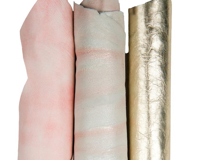 BUNDLE of 3 PINK, light gold soft goatskins, assortment of metallic textured matching leather skins for crafters B18328-MT(st) La Garzarara