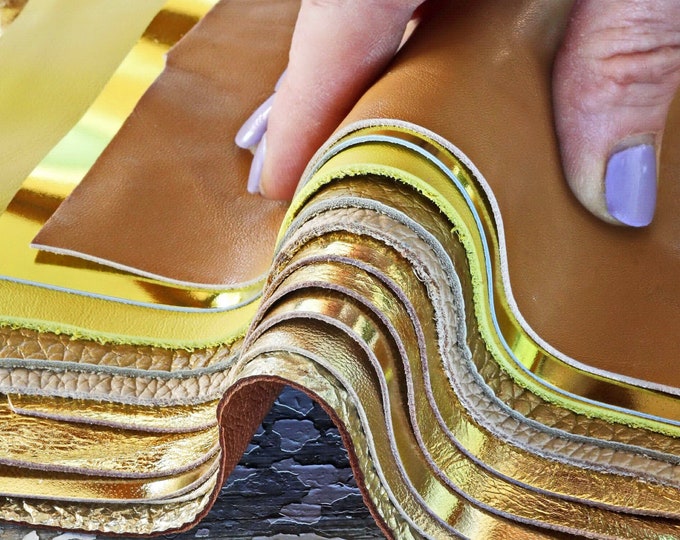 Leather scraps Gold, Yellow and Beige metallic and NOT, smooth, solid tones, grains various, random assortment 0,7 lbs / 300 gr  B1510