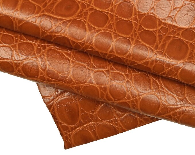 TAN CROCODILE embossed leather hide, brown croc printed cowhide, glossy animal print calfskin, quite soft B16056-ST La Garzarara
