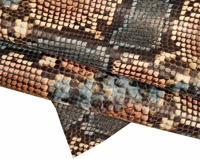 SNAKE textured LEATHER, green brown light blue python printed goatskin, animal reptile pattern on soft matt skin B15311-ST