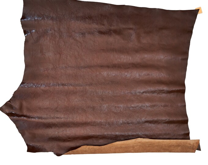 Chocolate GLOSSY leather hide, patent effect on calfskin, sporty wrinkled cowhide, 1.2 - 1.4 mm B16500-TU La Garzarara
