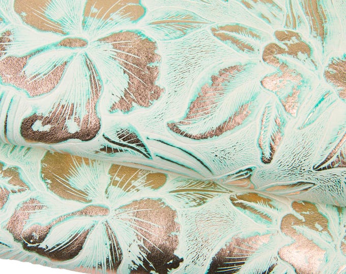 FLORAL printed leather hide, copper METALLIC flower texture - with green borders - on white calfskin, fine soft embossed hide B18484-MT(st)