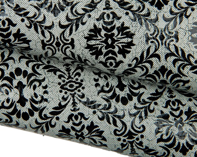 Grey - black BAROQUE printed leather skin, glossy soft CRACKLED goatskin, hide for hobbyists B17876-ST La Garzarara