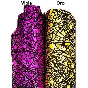 Pelle oro e viola, capra laminata IRIDESCENTE, pellame metallizzato stampa simil crackle B17684-MT(ST) La Garzarara