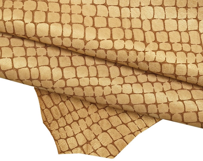CROCODILE embossed BEIGE leather – pearl shine goatskin for bags, shoes & crafts – soft genuine hide – LaGarzarara B16153-VT