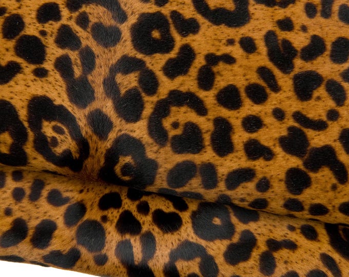 Tan LEOPARD printed HAIR on leather hide, brown cheetah textured pony calfskin, soft hairy cowhide for crafting B18708-CV   La Garzarara