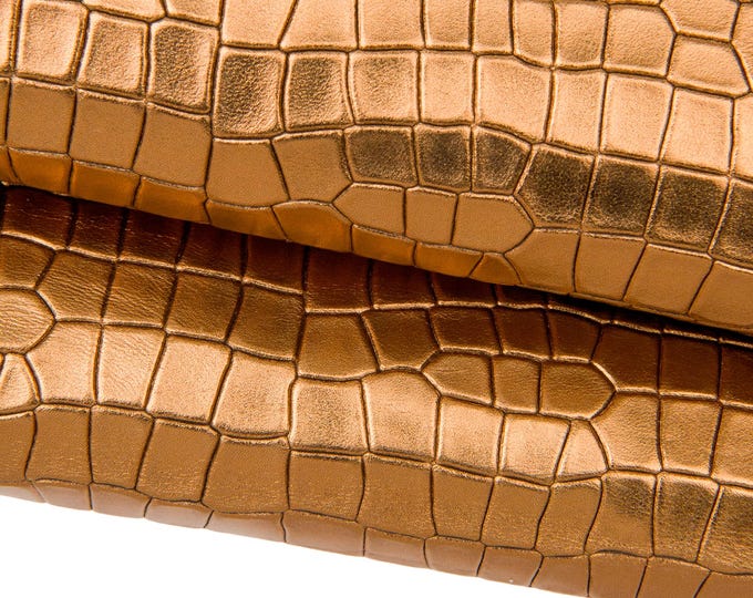 Bronze CROCODILE leather skin, brown METALLIC embossed goatskin, soft printed hide for crafting B17560-MT(st) La Garzarara