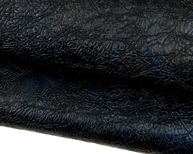 Black WRINKLED leather skin - with blue shades - glossy NAPLACK patent goatskin, soft hide for hobbyists B17935-TB La Garzarara