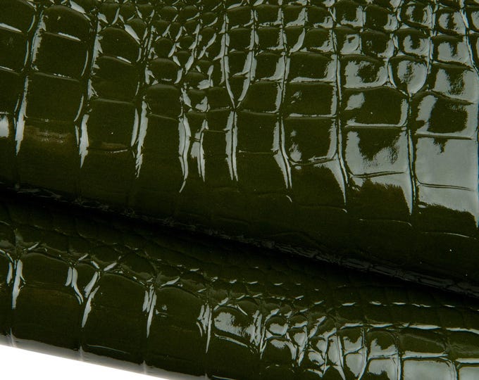 Dark green CROCODILE embossed cowhide leather, classic glossy animal printed PATENT calfskin, 0.9-1.0 mm for crafters B17666-ST La Garzarara
