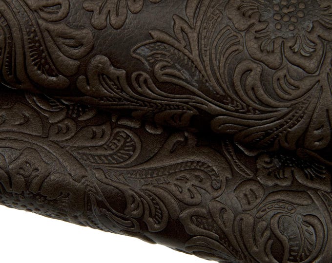 Brown FLORAL embossed leather hide, CHARRO printed sporty cowhide, soft calfskin for crafting B17888-ST La Garzarara