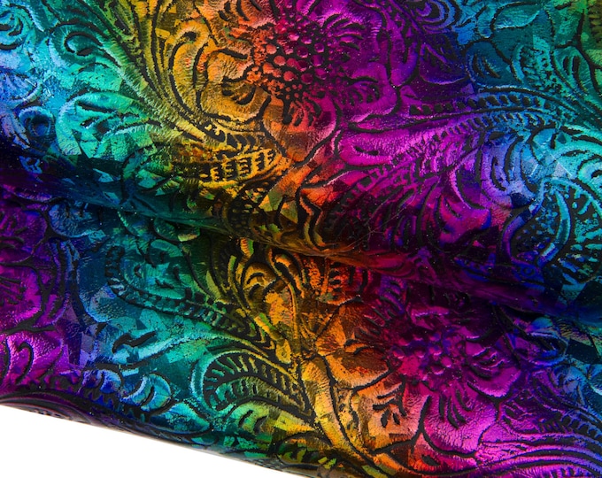 MULTICOLOR FLORAL printed cowhide, iridescent charro embossed metallic cowhide, rainbow effect on striped calfskin B18043-MT(st) Garzarara