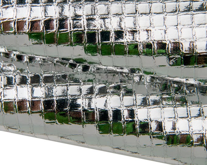 Silver METALLIC leather skin, croco GEOMETRIC printed goatskin, soft sparkle hide for diy projects B17696-MT(st) La Garzarara