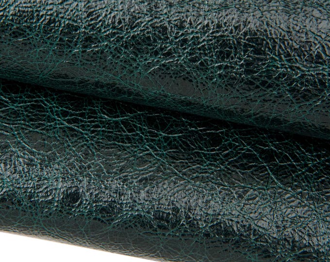 Dark green GLOSSY goatskin, vintage wrinkled leather skin, sporty CRACKLED soft hide for crafting B17553-VT La Garzarara