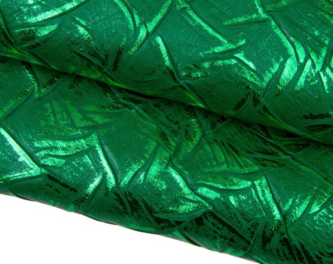 Green METALLIC leather skin, crocodile - like printed goatskin, super SOFT kid hide for diy projects B17875-MT(st) La Garzarara