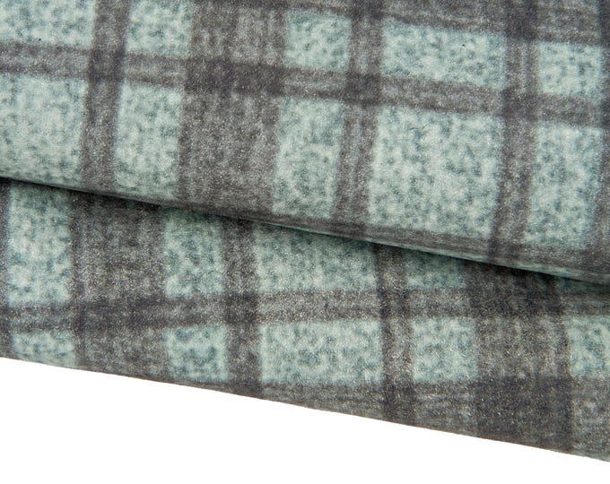 PLAID printed leather skin, green- gray TARTAN pattern on suede goatskin, soft hide for hobbyists B17728-ST La Garzarara
