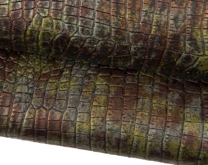 CROCODILE embossed leather hide, brown green grey METALLIC printed calfskin, quite stiff cowhide for crafters B17982-MT(st) La Garzarara