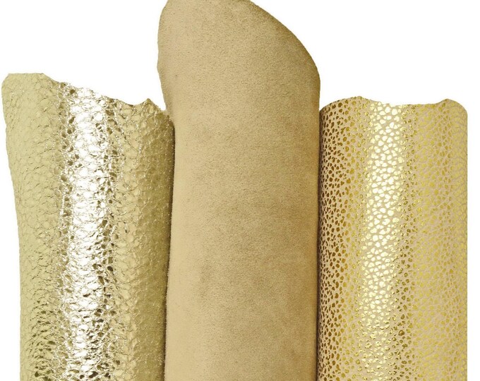 Set of 3 light GOLD beige leather hides, assortment of metallic printed suede matching goatskins as per picture B16293-MT(ST) La Garzarara