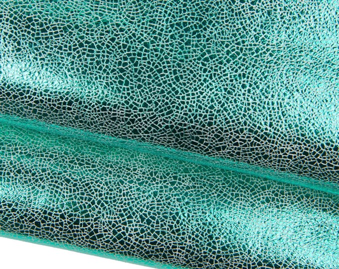 Turquoise METALLIC leather skin, CRACKLED printed goatskin, auqamarine super soft sparkle hide B18542-MT(st) La Garzarara