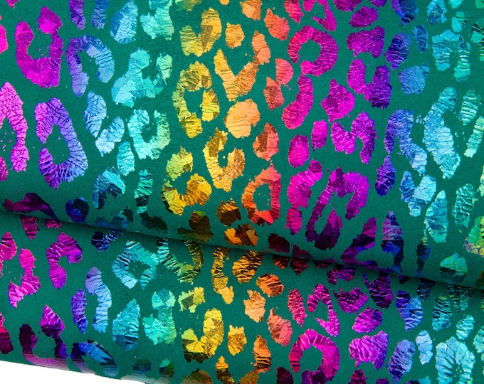 HOLOGRAPHIC LEOPARD textured suede goatskin, multicolor cheetah print on green leather skin, soft bright material B18427-MT(st) La Garzarara