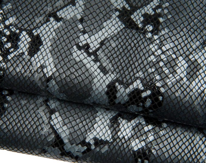 PYTHON printed leather skin, grey - black reptile SNAKE pattern on goatskin, glossy textured hide for diy projects B18766-MT(st)La Garzarara