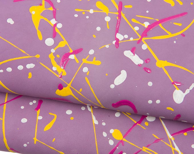 Lilac purple leather skin- yellow, fuchsia, white SPLASH print - hand PAINTED goatskin for hobbyists B18966-DM La Garzarara