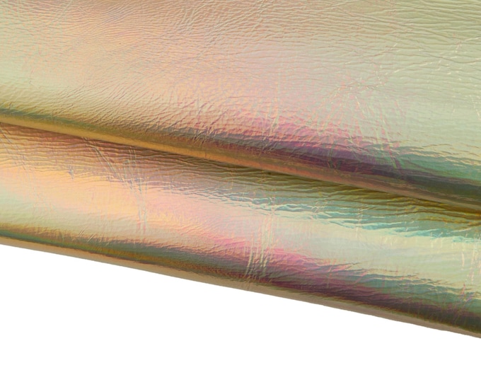 Light gold IRIDESCENT metallic leather skin, holographic WRINKLED goatskin, glossy soft hide for hobbyists 0.5-0.6 mm B19023-MT La Garzarara