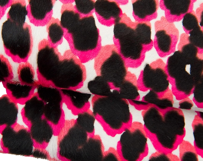 LEOPARD textured hair on leather hide, orange, fuchsia, black cheetah print on white PONY calfskin, animal pattern on cowhide B18506-CV