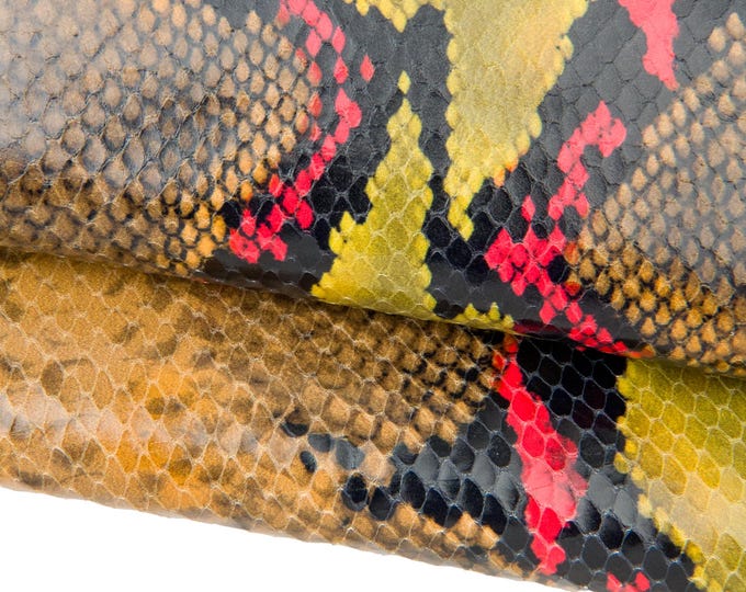 Multicolor PYTHON textured leather hide, SNAKE pattern on calfskin, reptile printed glossy cowhide B17566-ST La Garzarara