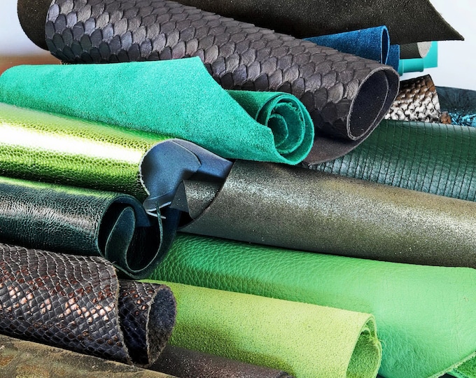 Leather scraps for crafter green and Grey, random offcuts  0,7 lbs - 1 lbs - 1,7 lbs - 2 lbs  B052   La Garzarara