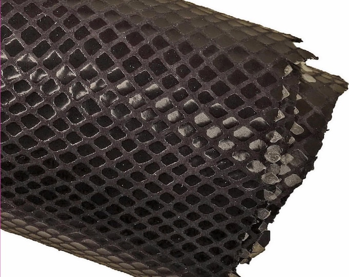 Dark grey black PYTHON PRINTED leather skin, snake textured glossy goatskin, soft thin reptile print hide B14787-TB La Garzarara
