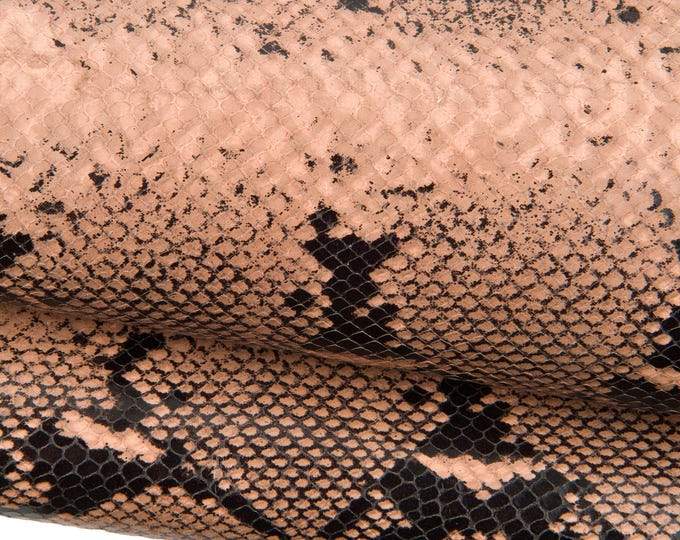 REPTILE textured cowhide, beige - black SNAKE python pattern on leather hide, glossy soft animal printed calfskin B18910-ST La Garzarara
