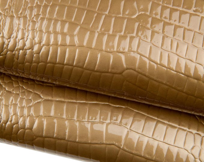 Beige PEARLIZED patent leather hide, CROCODILE embossed calfskin, glossy cowhide for crafters, standard temper B18676-ST