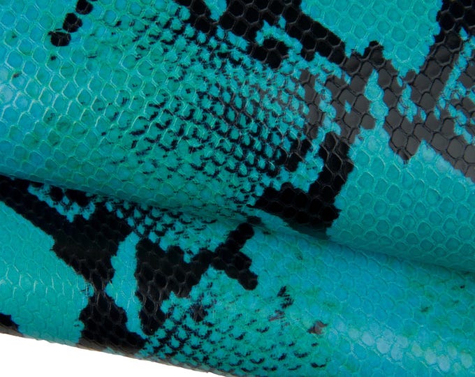 Turquoise PYTHON textured leather hide, top quality glossy soft calfskin, SNAKE printed cowhide for hobbyists B18017-ST La Garzarara