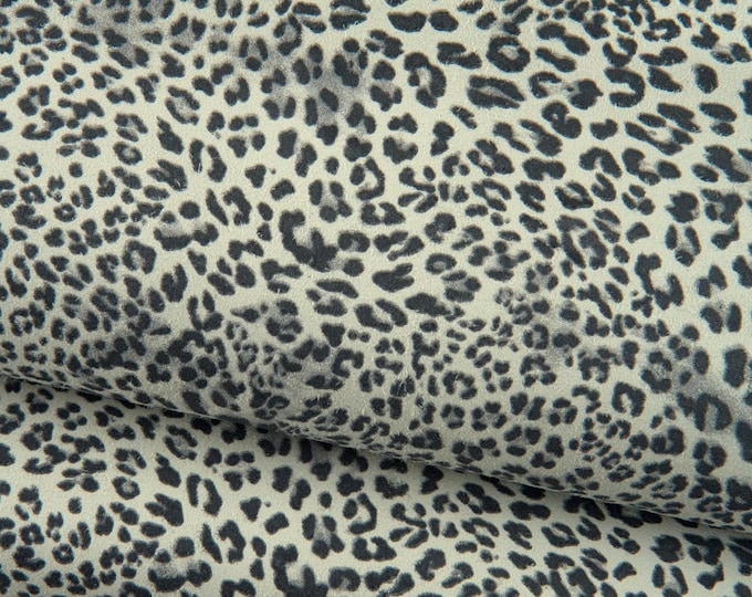 Black - grey LEOPARD texture on white suede goatskin, CHEETAH printed skin, soft animal printed hide for diy projects B19188-ST La Garzarara