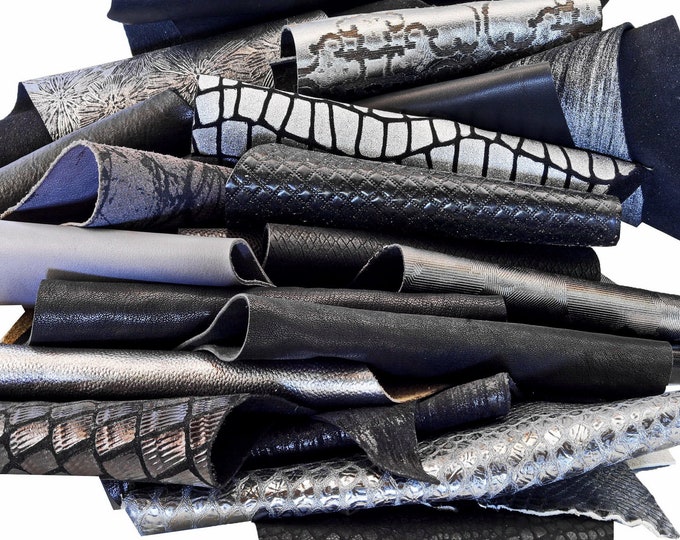 Leather scraps for crafting, various BLACK and GREY offctus pieces from 0,7 lbs to 2 lbs B183