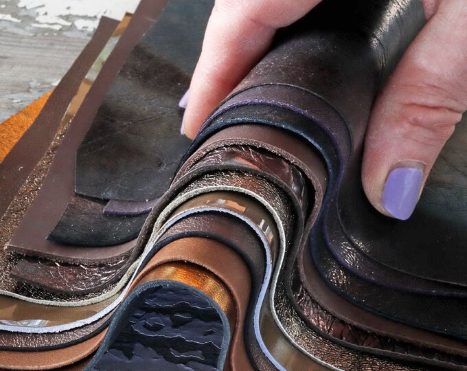 BROWN and BRONZE leather scraps, metallic and not, smooth, solid tones, random assortment, grains various  0,7 lbs / 300 gr    B1525