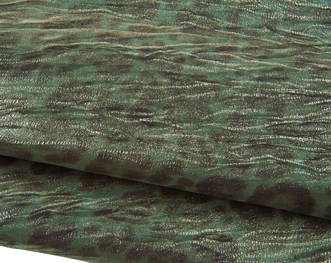Leopard printed leather skin, CHEETAH animal print on green METALLIC goatskin, soft bright suede hide B18934-MT(st)  La Garzarara