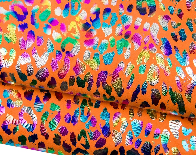 Holographic CHEETAH textured suede goatskin, MULTICOLOR leopard print on orange leather skin, soft material B18431-SMT(st) La Garzarara