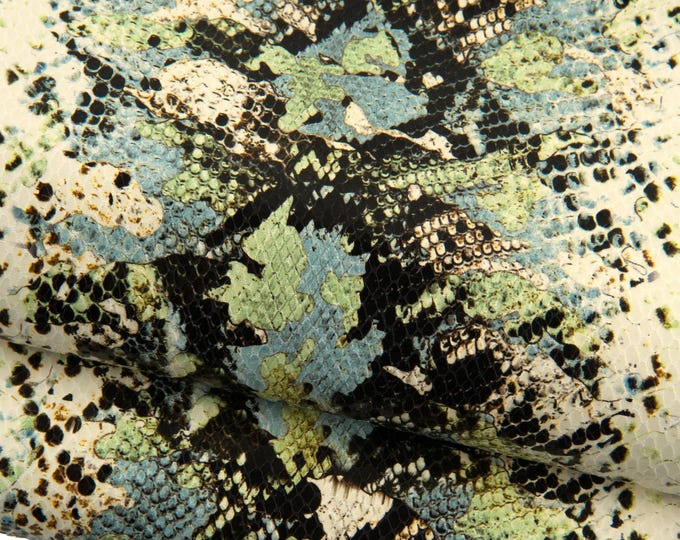 Thin SNAKE printed leather skin, light blue - green PYTHON reptile snakeskin, glossy soft goatskin for diy projects B19284-ST La Garzarara