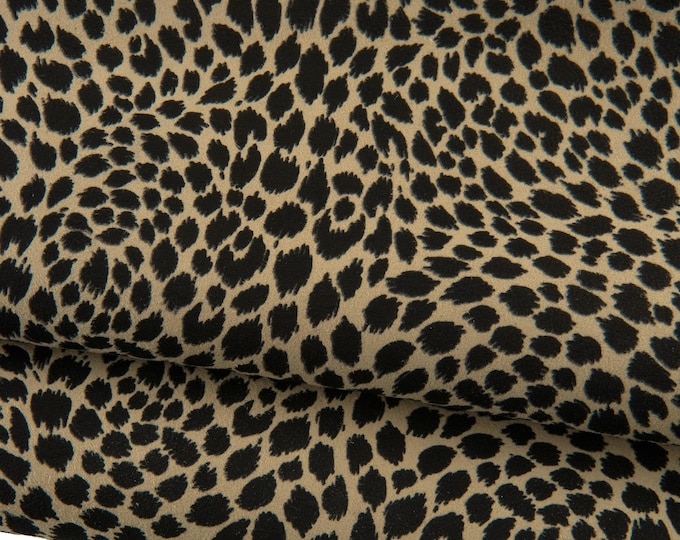 Black LEOPARD texture on beige suede goatskin, CHEETAH printed skin, soft animal printed hide for diy projects B19186-ST La Garzarara