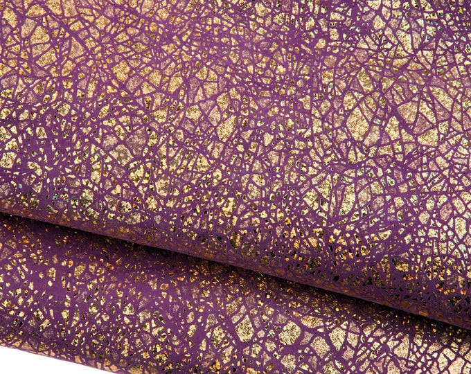 IRIDESCENT metallic leather skin, golden CRACKLED soft goatskin, purple suede with gold texture, for diy projects B19068-MT(st) La Garzarara