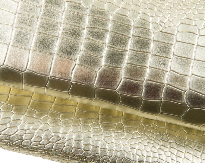 Gold Croc Embossed Leather Hide, Metallic Italian crocodile Leather, Luxury Reptile Leather for Bags & Crafts B18888-MT(st) La Garzarara