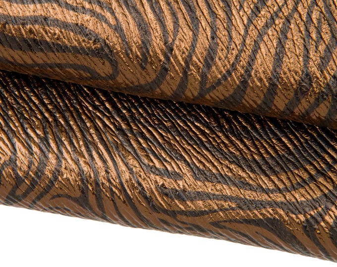 Bronze - black ZEBRA textured leather skin, METALLIC printed goatskin, animal pattern on hide B17670-MT(st) La Garzarara