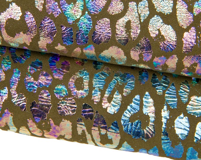 HOLOGRAPHIC leopard leather skin, multicolor metallic cheetah print on military green suede goatskin B17064-MT(ST) La Garzarara