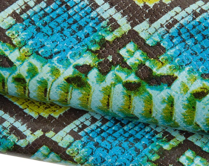 Vivid SNAKESKIN leather skin, blue - green - yellow PYTHON printed goat, reptile textured hide for diy projects B18852-ST La Garzarara