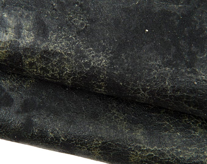 Black - green vintage leather hide, CRACKLED STIFF calfskin, sporty aged distressed cowhide for crafters B18111-VT La Garzarara