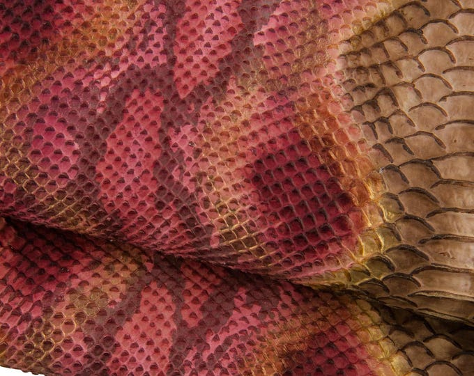 Pink - brown PYTHON printed leather hide, reptile - SNAKE embossed cowhide, soft matt engraved calfskin for crafting B19078-ST La Garzarara