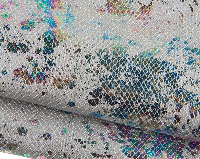 IRIDESCENT metallic SNAKESKIN, silver reptile leather - bright multicolor pattern, holographic spotted hide B19074-MT(st) La Garzarara